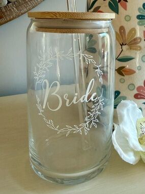 ✨ Bride Glass Can Cup Bamboo Lid Straw Wedding Bridal Shower Gift ✨